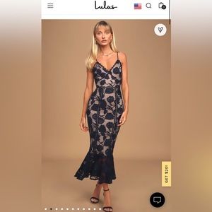 Lulu’s navy blue floral mesh lace trumpet midi dress